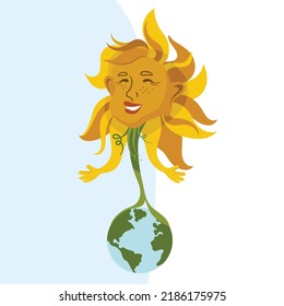 Happy Smiling Cartoon Sunflower caring about planet. Protection of the surrounding land