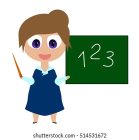 Happy smiling cartoon teacher with pointer and blackboard