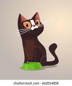 Happy smiling cat character sits near bowl. Vector flat cartoon illustration