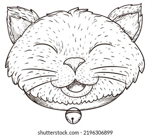 Happy and smiling cat with closed eyes, soft fur, collar and jingle bell in hand drawn style.