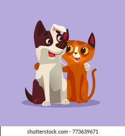 Felices personajes de perro y gato sonrientes, mejores amigos. Ilustración de dibujos animados