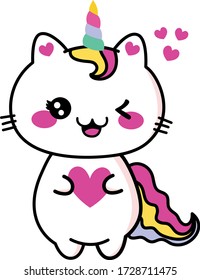 Happy and Smiling Cat Unicorn with Heart - Caticorn