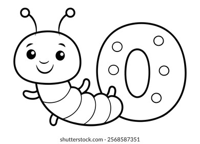 Happy Smiling Caterpillar with Numbers 0 - Outline Vector Illustration