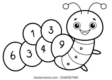 Happy Smiling Caterpillar with Numbers 1 to 10 - Outline Vector Illustration