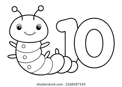 Happy Smiling Caterpillar with Numbers  10 - Outline Vector Illustration