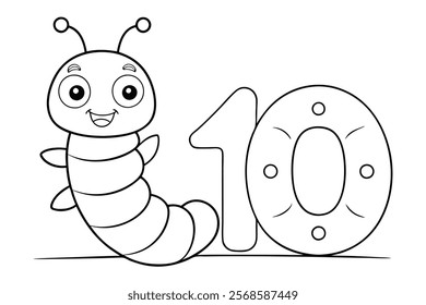 Happy Smiling Caterpillar with Numbers 10 - Outline Vector Illustration