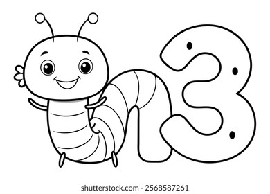 Happy Smiling Caterpillar with Numbers 3 - Outline Vector Illustration