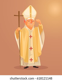 Happy smiling catholic priest mascot character dressed in white gold clothes. Vector flat cartoon illustration