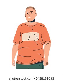 Happy Smiling Caucasian Man with Overweight. White Skinned Body Positive Guy. Male Character Plus Size Model. Plump Man Character. Trendy Big Boy in Tshirt. Flat Vector Illustration