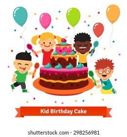 Happy smiling celebrating kids with spoons, air balloons, confetti and big birthday cake. Flat vector cartoon illustration isolated on white background.