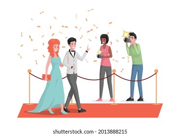 Happy smiling celebrities couple walking on red carpet and waving hands vector flat illustration. Famous woman in cocktail dress, man in suit. Actress and actor, singers or superstars characters.