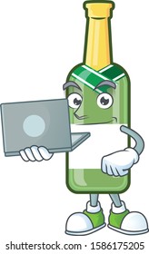 Happy smiling champagne green bottle cartoon character working with laptop