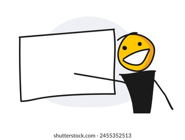 Happy smiling character pointing at blank empty whiteboard. Vector illustration presentation board template