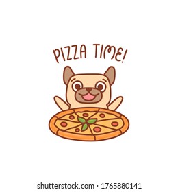 Happy smiling character pug dog with pizza margarita. Inscription: PIzza time! It can be used for menu, brochures, poster, sticker etc. Vector image.