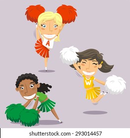 Happy Smiling Cheerleader Jumping with Pom Pom, vector illustration cartoon. 