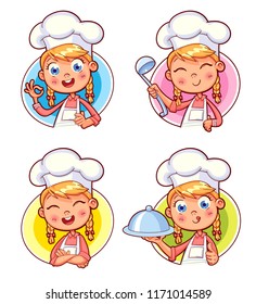 Happy smiling Chef Cook collection. Child in a cook's cap and with a towel, holds a ladle. Kid makes gesture okay, holding dish with food.  Logo design template for baby food. Funny cartoon character