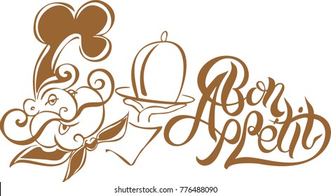 Happy smiling chef with a tray. Bon appetit text. Menu template cafe or restaurant. Sign. sketch style vector illustration