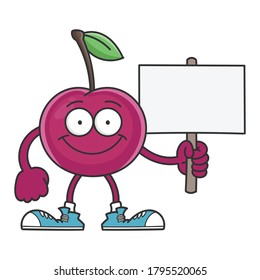 personaje de dibujos animados alegre y sonriente sobre la fruta de cerezo aislado sobre el fondo blanco