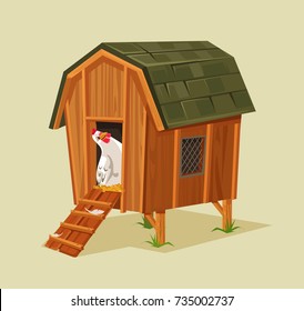 Happy smiling chicken character looking out nest. Vector flat cartoon illustration