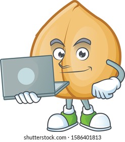 Happy smiling chickpeas cartoon character working with laptop