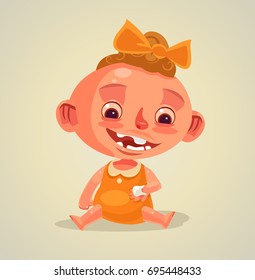 Happy smiling child character holds dying baby tooth. Vector flat cartoon illustration