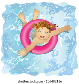 Happy and smiling child floats in water. The girl lifesaver. Girl with blue eyes and red hair.