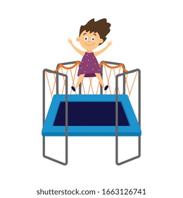 Happy smiling child jumping on trampoline, flat cartoon vector illustration isolated on white background. Cute little girl having fun in amusement park or playground.