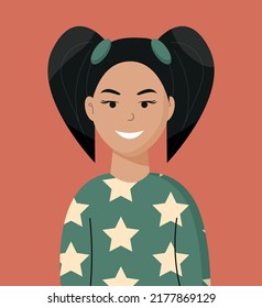 Happy Smiling Child Portrait Close-up Flat Vector Illustration. Brunette Female Girl Teenager. Happiness, Life Satisfaction, Fulfillment, Joyful Kid Isolated, Childhood Concept, Pupil, Schoolgirl