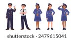 Happy smiling children cartoon characters airline cabin crew set isolated on white background