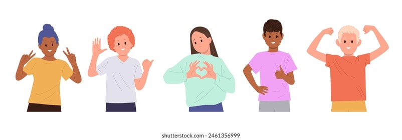 Happy smiling children cartoon characters showing positive gesture set isolated on white background