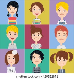 Happy smiling children characters profile pictures. Portrait info graphic cartoon elements