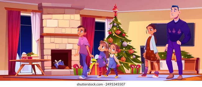 Niños sonrientes felices y hombre caminando en el interior de la sala de estar con el árbol de Navidad decorado y cajas de regalo, chimenea y mesa. Vector de dibujos animados r fiesta familiar de Navidad con adolescentes y niños.