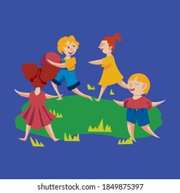 happy smiling children running and playing outside illustration
