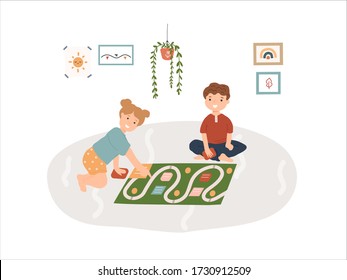 Happy smiling children spend time at home. Toddlers brother and sister play card board game. Cute cartoon boy and girl characters isolated on white background. Flat vector illustration.