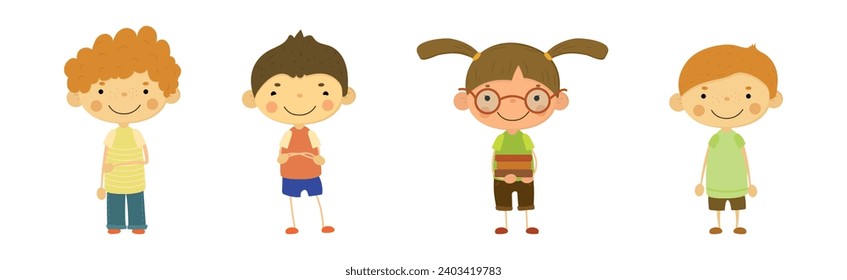 Happy Smiling Children Standing with Friendly Face Vector Set
