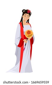 Happy smiling chinese or japanese woman character wearing traditiona oriental clothes holding fan in hand standing isolated on white background. International feminine day. Vector illustration