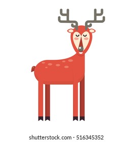 Happy smiling christmas deer cartoon character standing. Cheerful positive xmas reindeer. Santa red caribou vector icon illustration. Holiday elk symbol