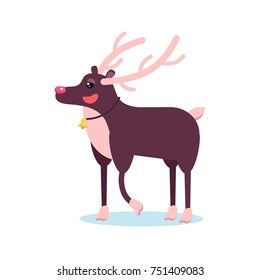 Happy smiling christmas deer cartoon character smiling with raising hoof. Cheerful positive xmas reindeer. Santa caribou vector icon illustration. Holiday elk symbol.