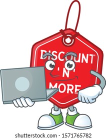 Happy smiling christmas discount tag cartoon character working with laptop