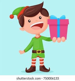 Happy smiling Christmas elf with gift box. Cartoon elf character for Christmas background 