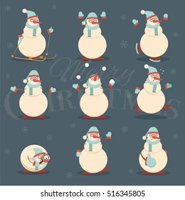 Happy smiling christmas snowman cartoon character in various positions. Cheerful positive xmas snow man gestures, emotions, poses and actions.Vector illustration