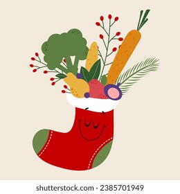 Happy smiling Christmas stocking full of fruits and vegetables. Healthy New year vector design. Isolated on beige background.