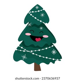 Happy smiling Christmas tree with snowflakes. Hand drawn vector mascot illustration.