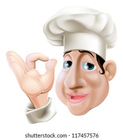 A happy smiling chubby chef doing an okay gesture with his right hand