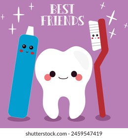 Happy Smiling Clean Teeth and Brush Best Friends Characters Flat Cartoon Illustration
