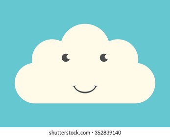 Happy smiling cloud character with eyes and mouth on turquoise blue sky background. Weather, technology, nature, happiness concept. EPS 8 vector illustration, no transparency