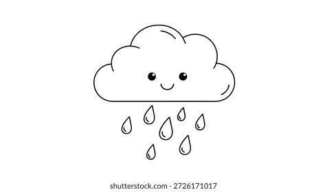 Personaje de nube sonriente feliz con varias gotas de lluvia Grandes que caen desde abajo en un estilo de arte de línea blanco y negro simple y limpio.