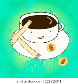 A happy smiling coffee cup on a plate with sugar and cookies on a side. Cartoon illustration on a pretty turquoise background.