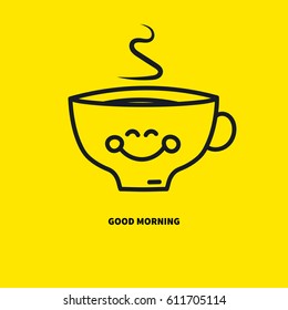 Happy smiling coffee cup, tea with steam isolated on  yellow. Icon emoticon good morning. Emoji pleasure, joy. Vector illustration.