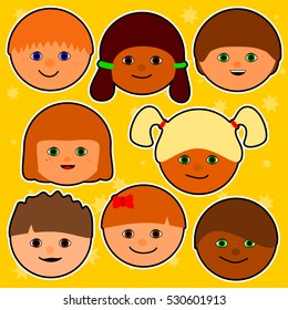 happy smiling colorful comic faces in front of a yellow background with stars